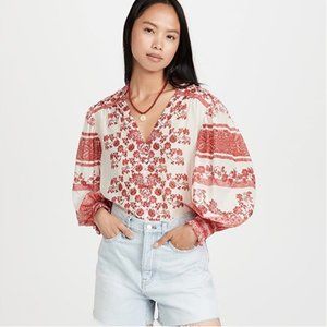 Alice + Olivia Cream Peasant Blouse with Red Floral Print